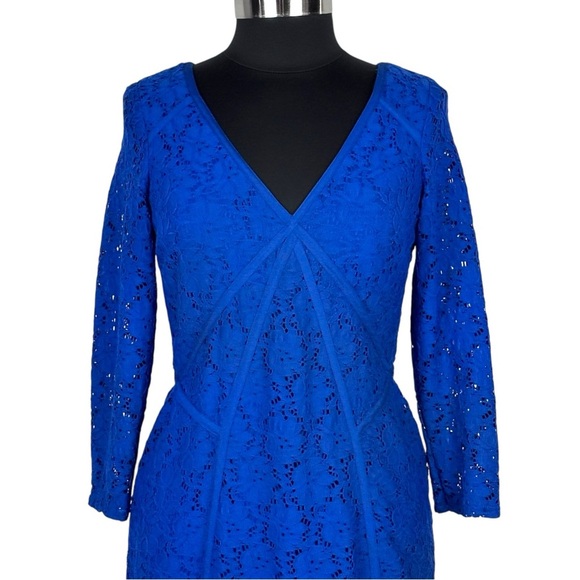 ADRIANNA PAPELL BLUE FLORAL LACE 3/4 SLEEVE STRETCH FITTED SHEATH COCKTAIL DRESS - Picture 6 of 15